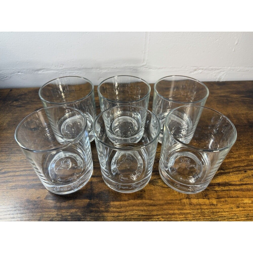 Set of 6 Vintage Crown Royal Rocks Glasses Embossed Logo Whiskey Tumblers 75th